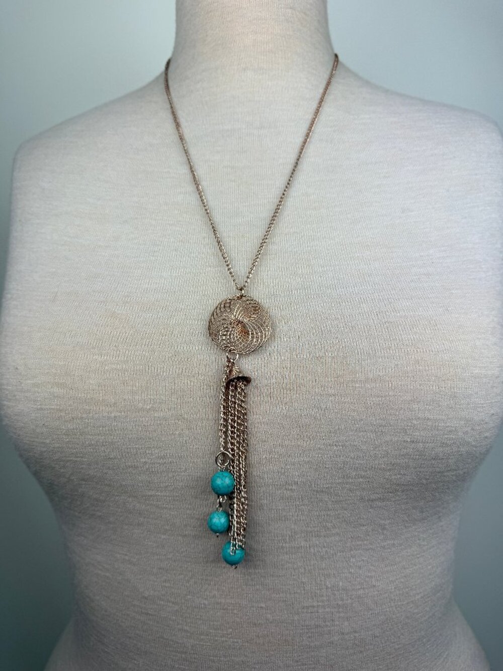 Copper Tassel Necklace with Turquoise Plastic Beads Chain 26"
